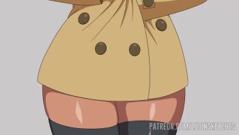 1girl animated artist_name bare_hips black_leotard black_thighhighs brown_coat coat dark-skinned_female dark_skin emma_(pokemon) female_focus gluteal_fold grey_background head_out_of_frame leotard lower_body ludinsketches nintendo open_clothes opened_by_self pokemon pokemon_legends:_z-a presenting_own_body simple_background solo tagme thigh_gap thighhighs video watermark wide_hips