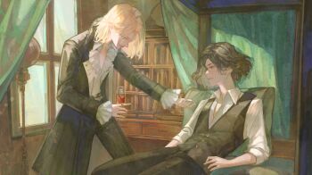 2boys androgynous black_hair black_pants blonde_hair blue_eyes carlo_(lies_of_p) chair chengya_huanwo commentary commission cup drinking_glass english_commentary glass highres holding holding_cup indoors lies_of_p male_focus multiple_boys on_chair pants pink_lips romeo_(lies_of_p) shirt short_hair sitting standing white_shirt