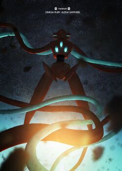 blurry commentary copyright_name debris deoxys deoxys_(normal) from_behind gen_3_pokemon glowing mixed-language_commentary mythical_pokemon nintendo otsumami_(bu-bu-heaven) poke_ball_symbol pokemon pokemon_(creature) pokemon_focus solo space star_(sky) tentacles