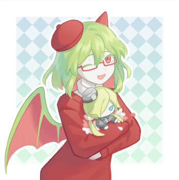 Rule 34 | 1girl, argyle background, beret, border, character doll, collared shirt, colored eyelashes, commentary request, demon wings, doll, froze (funamusea), funamusea, glasses, green hair, haiiro teien, hat, holding, holding doll, horns, long sleeves, looking at viewer, meeako, one eye closed, open mouth, outside border, red-framed eyewear, red eyes, shirt, smile, solo, sweater, upper body, white border, wings, yosafire (funamusea)