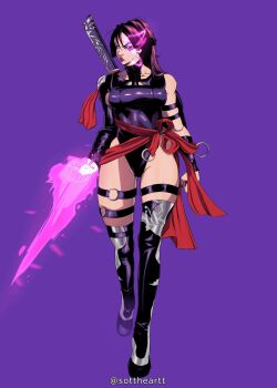 Rule 34 | 1girl, black hair, breasts, curvy, earrings, gloves, highleg, highleg leotard, highres, holding, holding weapon, jewelry, large breasts, leotard, long hair, looking at viewer, marvel, marvel rivals, psylocke, psylocke (vengeance), purple eyes, purple leotard, sash, solo, sottart, superhero costume, sword, thighhighs, weapon, wide hips, x-men