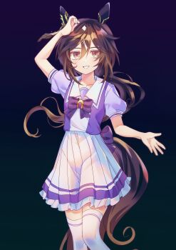 Rule 34 | 1girl, absurdres, animal ears, arm up, bow, bowtie, brown hair, brown tail, camellia (camel mal), commentary request, feet out of frame, hair between eyes, highres, horse ears, horse girl, horse tail, horseshoe ornament, long hair, looking at viewer, multicolored hair, pleated skirt, puffy short sleeves, puffy sleeves, purple bow, purple bowtie, purple shirt, sailor collar, sailor shirt, school uniform, shirt, short sleeves, skirt, smile, solo, stay gold (umamusume), streaked hair, tail, thighhighs, tracen school uniform, umamusume, white hair, white sailor collar, white skirt, white streaks, white thighhighs