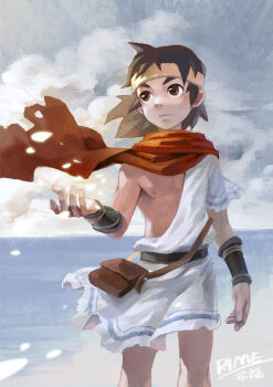 1boy bag beach brown_eyes brown_hair cloud cloudy_sky headband male_focus red_scarf rime ryou_hiryuu scarf signature sky solo standing title wrist_guards