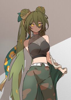 1girl bare_shoulders black_shirt breasts brown_jacket camouflage camouflage_pants closed_mouth crop_top double_bun glowing glowing_eyes green_hair green_pants ground_miku_(project_voltage) hair_bun hatsune_miku highres jacket large_breasts long_hair looking_at_viewer midriff nintendo off_shoulder pants pokemon project_voltage see-through_clothes see-through_shirt shade shirt sleeveless sleeveless_shirt solo tororo51681849 twintails vocaloid yellow_eyes