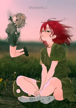 2girls black_shoes blue_eyes blurry blurry_background breasts buhanka-chan buhanochka_z combat_helmet drone flower flying grass green_shirt grey_shirt grey_shorts helmet highres indian_style mecha_musume medium_breasts messy_hair military miniskirt multiple_girls on_ground open_mouth original personification propeller quadcopter red_hair russian_ground_forces shirt shoes shorts sitting skirt sky socks t-shirt telegram_id uaz_(logo) unmanned_aerial_vehicle unworn_headwear unworn_helmet white_socks