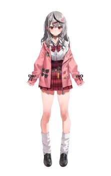 1girl animal_charm arms_at_sides badge belt_charm black_bow black_choker black_hair black_ribbon black_shoes black_streaks blue_nails blush bow bowtie breasts button_badge cardigan caution_tape charm_(object) choker closed_mouth collarbone collared_shirt diagonal-striped_bow diagonal-striped_bowtie diagonal-striped_clothes dress_shirt ear_piercing fingernails full_body grey_hair gyaru hair_ornament hairclip heart heart_choker high-waist_skirt highres hololive hood hood_down hooded_cardigan kogal large_breasts leg_warmers legs loafers long_hair looking_at_viewer loose_bowtie miniskirt multicolored_hair multicolored_nails multiple_piercings nail_polish o-ring o-ring_choker octopus_hair_ornament official_art open_cardigan open_clothes parsley-f piercing pink_cardigan pink_nails plaid_clothes plaid_skirt red_bow red_bowtie red_eyes red_nails red_skirt ribbon ribbon-trimmed_sleeves ribbon_trim sakamata_chloe sakamata_chloe_(gyarumata) school_emblem school_uniform second-party_source shirt shirt_tucked_in shoes simple_background single_off_shoulder skirt skull_ornament sleeves_past_wrists solo spiked_ear_piercing standing straight-on streaked_hair striped_bow striped_bowtie striped_clothes tachi-e transparent_background two-tone_hair virtual_youtuber white_leg_warmers white_shirt x_hair_ornament zipper zipper_pull_tab