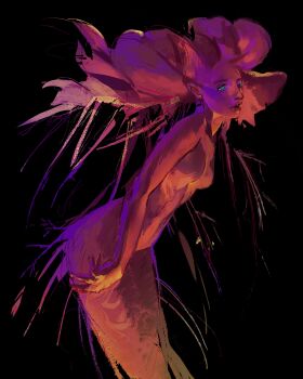 1girl absurdres black_background blue_eyes colored_skin commentary english_commentary facing_to_the_side highres leaning_forward looking_at_viewer mermaid monster_girl nude original painterly parted_lips pink_skin plant_roots saturated simple_background solo twulfs