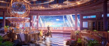 1girl 3d blue_sky cloud handrail highres indoors k&amp;p_(kptseart) original scenery sitting sky solo table wooden_table