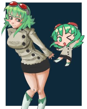 Rule 34 | 1girl, black skirt, blue background, boots, border, breasts, buttons, chibi, chibi inset, closed mouth, coat, goggles, goggles on head, green eyes, green hair, grey-framed eyewear, gumi, hatsuno, large breasts, medium hair, red-tinted eyewear, skirt, smile, tinted eyewear, vocaloid, white boots, white border, white coat