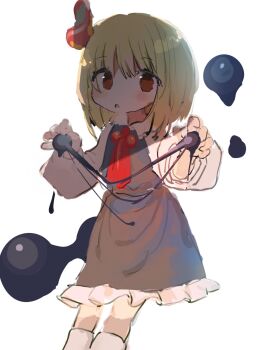 1girl ascot black_vest blonde_hair darkness hair_ribbon highres open_mouth red_ascot red_eyes red_ribbon ribbon rumia short_hair skirt skirt_set solo touhou tungsten_mochoo vest white_background