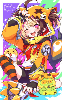 1girl ahoge animal_hood black_gloves black_shorts black_thighhighs brown_hair cat_hood commentary english_commentary fingerless_gloves gigi_murin gigi_murin_(1st_costume) gloves grem_(gigi_murin) highres hololive hololive_english hood hoodie looking_at_viewer maruyama_en multicolored_hair one_eye_closed open_mouth orange_hoodie orange_shrug orange_theme pink_eyes popo_(gigi_murin) revision sharp_teeth shirt shorts shrug_(clothing) smile solo striped_clothes striped_thighhighs teeth thighhighs two-tone_hair two_side_up upper_teeth_only virtual_youtuber white_shirt