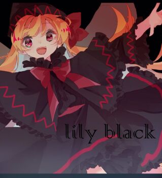 1girl :d black_background black_capelet black_dress black_hat blonde_hair bow bowtie capelet character_name commentary_request cowboy_shot dress frilled_capelet frilled_dress frills hat hat_bow letterboxed lily_black lily_white long_hair looking_at_viewer open_mouth outstretched_arms red_bow red_bowtie red_eyes shinjitsu_no_kuchi smile solo spread_arms touhou