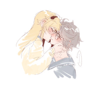 2girls black_hair black_hairband blonde_hair blush chinese_commentary commentary from_side glasses hairband jiguang_haibao kiss koishikawa_iko long_hair long_sleeves momijiyama_teru multiple_girls sailor_collar school_uniform shirt short_hair shy_(series) yuri