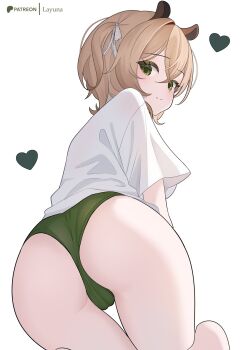 1girl alternate_costume animal_ears artist_name ass brown_hair cameltoe commentary crossed_bangs from_behind green_eyes green_panties hair_between_eyes hashtag heart highres indie_virtual_youtuber layunaart looking_at_viewer nimi_nightmare no_pants one_side_up panties patreon_logo shirt simple_background smile solo t-shirt tapir_ears tapir_girl thigh_gap underwear virtual_youtuber white_background white_shirt