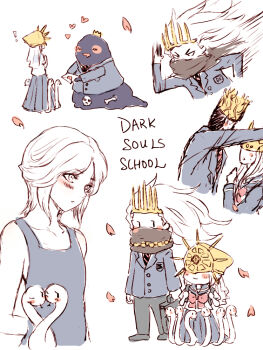! 4boys aldrich_devourer_of_gods angry animal bag bare_shoulders black_scarf blazer blob blouse blue_tank_top blush chibi contemporary covered_eyes crown dark_souls_(series) dark_souls_i dark_souls_iii dark_sun_gwyndolin drooling full_body grey_eyes heart holding holding_bag holding_letter jacket kabedon letter long_hair long_skirt love_letter male_focus mask monster motion_lines multiple_boys nameless_king neckerchief necktie outstretched_hand parted_bangs petals pleated_skirt pontiff_sulyvahn red_neckwear ribbon running sailor_collar scarf school_uniform senkuro serafuku shirt simple_background sketch skirt snake speed_lines sticker tank_top trap upper_body white_background white_hair
