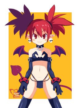 :3 bikini black_boots black_choker black_gloves blush_stickers boots bracelet choker demon demon_girl demon_tail demon_wings disgaea earrings elbow_gloves etna_(disgaea) gloves hair_between_eyes highres jewelry lewdtime loli long_hair looking_at_viewer micro_bikini navel pelvic_curtain pointy_ears red_eyes red_hair sidelocks signature simple_background skull_earrings swimsuit tail thigh_boots twintails wings yellow_background