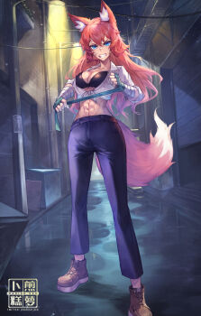 1girl abs absurdres alley angry animal_ear_fluff animal_ears artist_logo bandaged_arm bandaged_hand bandages bandaid bandaid_on_face bandaid_on_nose black_bra blue_eyes bra breasts brick_wall brown_shoes cleavage clenched_teeth collared_shirt commentary commission english_commentary fox_ears fox_girl fox_tail full_body hair_between_eyes highres holding holding_bandages kiera_(hhhemeleon) lamppost logo long_hair medium_breasts midriff night original pants power_lines purple_pants radishkek red_tail shirt shoes solo tail teeth tied_shirt toned toned_female twitter_username underwear v-shaped_eyebrows white_shirt