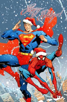 2boys arms_up belt black_hair blue_bodysuit blue_eyes bodysuit boots briefs christmas city commentary crossover dc_comics english_commentary english_text happy_holidays hat highres jorge_jimenez looking_at_viewer male_focus male_underwear marvel mask multicolored_bodysuit multiple_boys one_eye_closed outdoors red_boots santa_hat short_hair silk snowing spider-man spider-man_(series) spider_web spider_web_print superhero_costume superman superman_(series) superman_logo underwear yellow_belt
