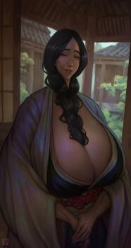 1girl absurdres architecture black_hair black_kimono bleach bleach:_sennen_kessen-hen breasts cleavage closed_eyes commentary east_asian_architecture english_commentary highres huge_breasts japanese_clothes kimono long_hair mature_female open_clothes open_robe robe solo tomoopachyy unohana_retsu veins veiny_breasts white_robe
