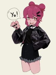 Rule 34 | + +, 1girl, absurdres, choker, claw pose, commentary, cropped legs, double bun, english commentary, fur-trimmed shorts, fur trim, hair bun, hair ornament, hand in pocket, highres, jacket, long sleeves, looking at viewer, nail polish, open mouth, original, pink hair, red eyes, shorts, smile, solo, sommi illu, thick eyebrows