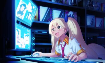 1girl artist_request blonde_hair collared_shirt computer_keyboard computer_mouse desk dog_tail glasses implied_yuri long_hair monitor necktie official_art open_mouth red_necktie retoree_(show_by_rock!!) round_eyewear screen shelf shirt short_sleeves show_by_rock!! smile solo tail third-party_source twintails upper_body white_shirt yellow_eyes