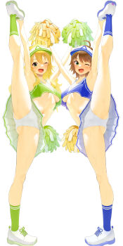 2girls absurdres ahoge armpits arms_up ass blonde_hair blue_socks blush breasts brown_hair cheering cheerleader crop_top dual_persona flexible full_body green_socks hat highres holding holding_pom_poms hoshii_miki idolmaster idolmaster_(classic) idolmaster_1 kneepits kozuka_yasushi large_variant_set leg_lift leg_up long_hair looking_at_viewer multiple_girls navel one_eye_closed open_mouth panties pom_pom_(cheerleading) pom_poms shoes short_hair simple_background skirt sneakers socks split standing standing_on_one_leg standing_split underboob underwear variant_set white_background white_panties white_shoes