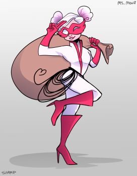 1girl artist_name bag character_name face_mask full_body gloves gradient_background grey_background high_heels highres humanization mario_(series) mask ms._mowz nintendo one_leg_raised paper_mario paper_mario:_the_thousand-year_door smile tail tobyjamessharp v white_hair