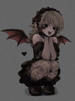 1girl bare_shoulders batcheam816 black_dress brown_eyes demon_wings dress fishnet_pantyhose fishnets full_body gloves grey_hair hands_on_own_cheeks hands_on_own_face heart idolmaster idolmaster_cinderella_girls long_hair morikubo_nono open_mouth pantyhose ringlets smile solo squatting wings