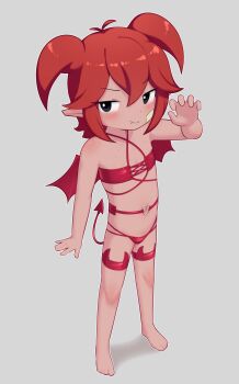 1girl arm_at_side barefoot beebz_(demon_turf) blue_eyes blush body_freckles closed_mouth clothing_request demon_tail demon_turf demon_wings fang fang_out feet female_focus flat_chest freckles full_body grey_background hair_between_eyes hand_up highres loli looking_at_viewer navel outline pointy_ears red_hair revealing_clothes shino_(shinokani) short_twintails simple_background solo standing stomach tail toes twintails v-shaped_eyebrows white_outline wings