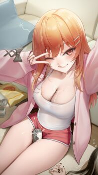 2girls absurdres between_thighs breasts can commentary_request dolphin_shorts drink_can from_above highres hololive hololive_dev_is ichijou_ririka jacket juufuutei_raden large_breasts looking_at_viewer multiple_girls one_eye_closed orange_eyes orange_hair pink_jacket reaching reaching_towards_viewer red_shorts shirt shorts sitting smile solo_focus somebody_(leiking00) spill tongue tongue_out v wet wet_clothes wet_shirt white_shirt