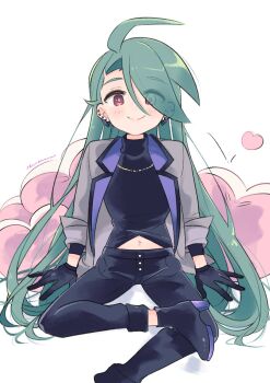 Rule 34 | 1girl, ahoge, black gloves, black pants, black shirt, blazer, bright pupils, buttons, closed mouth, ear piercing, earrings, eyes visible through hair, foot out of frame, gloves, green hair, hair down, hair over one eye, highres, jacket, jewelry, layered clothes, long hair, long sleeves, looking at viewer, navel, necklace, nintendo, official alternate costume, official alternate hairstyle, open clothes, open hands, open jacket, pants, piercing, pokemon, pokemon masters ex, red eyes, rika (palentine's 2026) (pokemon), rika (pokemon), shinohara (mrshino ), shirt, sitting, smile, solo, triangle earrings, very long hair, white pupils
