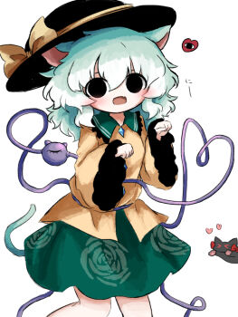 1girl animal_ears black_eyes cat_ears collared_shirt fang green_hair green_skirt heart heripantomorrow komeiji_koishi long_sleeves open_mouth shirt short_hair skirt solo third_eye touhou yellow_shirt