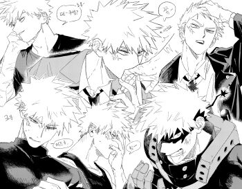 Rule 34 | 1boy, adam's apple, bakugou katsuki, boku no hero academia, clenched teeth, collared shirt, commentary request, dirty, dirty face, disembodied hand, dmdtmt99, eye mask, greyscale, hand in own hair, hand on another's face, highres, jacket, kiss, kissing hand, korean commentary, korean text, male focus, mask, monochrome, multiple boys, multiple views, neck blush, necktie, scar, scar on face, shirt, short hair, simple background, speech bubble, spiked hair, superhero costume, tank top, teeth, turtleneck, white background