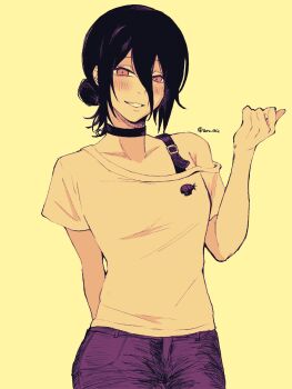 1girl black_choker black_hair breasts chainsaw_man choker commentary_request hair_between_eyes hair_bun highres looking_at_viewer madaosw medium_breasts medium_hair purple_shorts reze_(chainsaw_man) shirt shorts solo teeth twitter_username white_shirt yellow_background