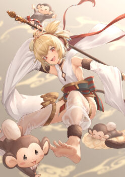 1girl andira_(granblue_fantasy) animal_ears antenna_hair arm_up barefoot beruu blonde_hair breasts cleavage detached_pants detached_sleeves feet granblue_fantasy hagoromo hairband highres holding holding_staff looking_at_viewer monkey monkey_ears monkey_girl monkey_tail open_mouth outstretched_arm red_eyes sash shawl short_hair small_breasts smile soles solo staff tail toes two_side_up wide_sleeves
