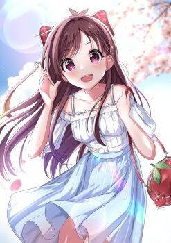Rule 34 | 1girl, :d, bag, bare shoulders, blue skirt, blue sky, blurry, blurry background, blush, bow, breasts, brown hair, cloud, commentary request, day, depth of field, dress shirt, female focus, fingernails, hair bow, hair ornament, hairclip, hands up, highres, idolmaster, idolmaster cinderella girls, idolmaster cinderella girls starlight stage, leaning forward, long hair, off-shoulder shirt, off shoulder, open mouth, outdoors, petals, plaid bow, puffy short sleeves, puffy sleeves, purple eyes, red bow, round teeth, shirt, short sleeves, shoulder bag, skirt, sky, small breasts, smile, solo, striped clothes, striped skirt, sutoroa, teeth, tsujino akari, upper teeth only, vertical-striped clothes, vertical-striped skirt, very long hair, white shirt