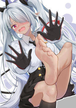 1girl absurdres barefoot black_skirt blue_archive breasts commentary_request dark-skinned_female dark_skin embarrassed gloves grey_hair hair_over_one_eye highres iori_(blue_archive) long_bangs looking_at_viewer open_mouth red_eyes shiraae_quartet sitting skirt small_breasts soles solo twintails