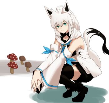 1girl ahoge animal_ears aqua_eyes black_shoes black_shorts black_thighhighs closed_mouth commentary_request detached_sleeves fox_ears fox_girl fox_tail highres hololive hood hoodie kuwahara_taiki looking_at_viewer shirakami_fubuki shirakami_fubuki_(1st_costume) shoes shorts smile solo tail thighhighs virtual_youtuber white_hair white_hoodie white_sleeves