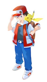 Rule 34 | 1boy, absurdres, adjusting clothes, adjusting headwear, backpack, bag, baseball cap, blue pants, commentary request, full body, gen 1 pokemon, hat, highres, holding, holding poke ball, jacket, looking at viewer, male focus, nintendo, pants, pikachu, poke ball, poke ball (basic), pokemon, pokemon (creature), pokemon rgby, red (pokemon), red hat, red jacket, shiratsuyu mone, shoes, simple background, white background, white shoes