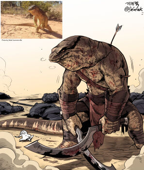 arrow_(projectile) arrow_in_body blood bloody_weapon bracer creature_and_personification dual_wielding dust gegegekman highres holding injury khopesh leg_wrap lizard lizard_tail lizardman original personification photo_inset reptile_boy scar signature sword tail weapon