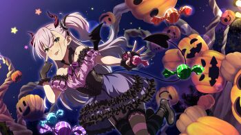 Rule 34 | 1girl, akanbe, bare shoulders, black boots, black corset, black gloves, black wings, blue eyes, boots, candy, corset, demon horns, demon tail, dress, eyelid pull, fake horns, fake tail, fake wings, fingerless gloves, food, frilled shirt, frilled skirt, frills, game cg, gloves, halloween, halloween costume, holding, holding candy, holding food, horns, jack-o'-lantern, long hair, looking at viewer, moon, night, official art, one side up, pink hair, pink shirt, pumpkin, purple nails, purple skirt, purple thighhighs, shirt, skirt, smile, solo, star (symbol), striped clothes, striped thighhighs, tail, thigh strap, thighhighs, toji no miko, toji no miko: kizamishi issen no tomoshibi, tongue, tongue out, tsubakuro yume, wings