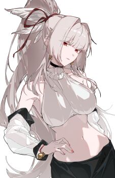 1girl absurdres alternate_costume bare_shoulders breasts closed_mouth commentary detached_sleeves earrings grey_hair hair_intakes hand_on_own_hip high_ponytail highres hiyuki_(wuthering_waves) jewelry large_breasts leria_v long_hair looking_at_viewer midriff navel ponytail red_eyes sidelocks solo untranslatable_commentary upper_body wuthering_waves