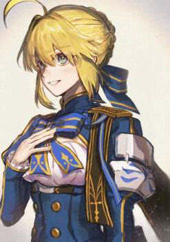 1girl absurdres ahoge artoria_pendragon_(fate) blonde_hair blue_dress bow braid commentary_request dress fate_(series) green_eyes grin hair_between_eyes highres honkai:_star_rail honkai_(series) long_sleeves looking_at_viewer saber_(fate) saber_(honkai:_star_rail)_(fate) simple_background smile solo striped_bow umeboitarou upper_body