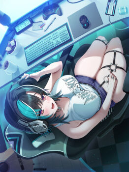 1girl absurdres aqua_hair black_hair blue_shorts breasts chair computer_keyboard computer_mouse controller game_controller gaming_chair highres hololive hololive_dev_is large_breasts looking_at_viewer medium_hair monitor multicolored_hair o-ring o-ring_thigh_strap open_mouth red_eyes rindo_chihaya shirt shorts smile solo streaked_hair swivel_chair takotakochan_1006 thigh_strap virtual_youtuber white_hair white_shirt wireless_mouse