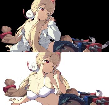 alice_thymefield animal_ears black_background blonde_hair bra heterochromia long_hair looking_to_the_side lying mesaria_art on_side ponytail rabbit_ears rabbit_girl rabbit_tail red_eyes shirt stomach sweat tail third-party_edit underwear white_background yellow_eyes zenless_zone_zero