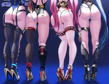 4girls ass ass_focus asymmetrical_footwear asymmetrical_legwear black_footwear black_thighhighs blue_background boots commentary company_connection english_commentary from_behind garter_straps genshin_impact hanya_(honkai:_star_rail) high_heel_boots high_heels highres honkai:_star_rail honkai_(series) knee_boots kneehighs kneepits legs legs_together leotard lineup long_hair lower_body lunart mihoyo multiple_girls pink_hair print_footwear red_footwear revision shin_strap side-by-side single_knee_boot single_kneehigh single_sock single_thighhigh socks standing thigh_gap thighhighs thong_leotard topaz_(honkai:_star_rail) uneven_footwear uneven_legwear very_long_hair wedge_heels white_thighhighs yae_miko yelan_(genshin_impact)