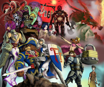 absurdres alipheese_fateburn_xvi axe dragon executioner fakku glasses hammer highres lamia mon-musu_quest! monster_girl multiple_boys multiple_girls smoking_pipe scylla shield sword weapon what z-ton