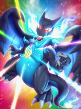 1boy black_skin blue_skin breath_weapon charizard claws colored_skin commentary dragon dragon_tail english_commentary fangs fire flame-tipped_tail gen_1_pokemon glowing glowing_eyes highres horns mega_charizard_x mega_evolution mega_evolution_symbol mega_pokemon multicolored_skin nintendo no_humans no_lineart open_mouth pokemon pokemon_(creature) rainbow red_eyes tail tongue transformation tropicalcyclone two-tone_skin wings
