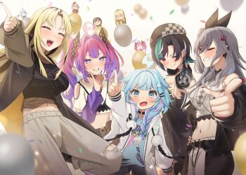 4girls absurdres ahoge amane_sora aqua_hair beret black_bow black_hair black_hat black_jacket black_nails black_shirt blonde_hair blue_hair blush bow bra_over_clothes braid crown_hair_ornament fang flow_glow_(hololive) grey_hair grey_pants hair_bow hair_ornament hairpin hand_on_own_hip hat headphones headphones_around_neck highres hololive hololive_dev_is isaki_riona jacket jewelry kikirara_vivi koganei_niko long_hair looking_at_viewer medium_hair mizumiya_su multicolored_hair multiple_girls nail_polish one_eye_closed open_mouth pants pink_hair pointing pointing_at_viewer purple_eyes purple_hair red_eyes red_nails rindo_chihaya ring shirt sidelocks smile streaked_hair teeth twin_braids twintails upper_teeth_only very_long_hair virtual_youtuber white_hair white_shirt
