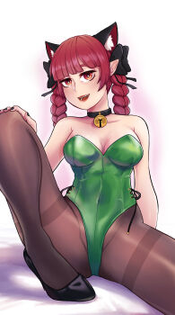 Rule 34 | 1girl, absurdres, alternate costume, animal ear fluff, animal ears, bell, black bow, black collar, black shoes, bow, braid, breasts, brown pantyhose, cat ears, cleavage, collar, covered navel, extra ears, green leotard, hair bow, high heels, highres, jingle bell, kaenbyou rin, leotard, looking at viewer, medium breasts, neck bell, open mouth, pantyhose, playboy bunny, pointy ears, pujol art, red eyes, red hair, shoes, sitting, smile, solo, strapless, strapless leotard, thighband pantyhose, touhou, twin braids